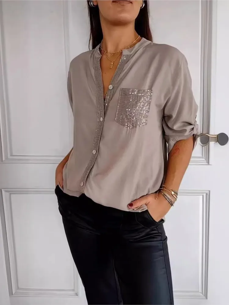 Women Casual Sequin Beaded Shirts Long Sleeve Vintage Shirt Spring Summer Fashion Turn-down Collar Button Blouse Geometric Tops