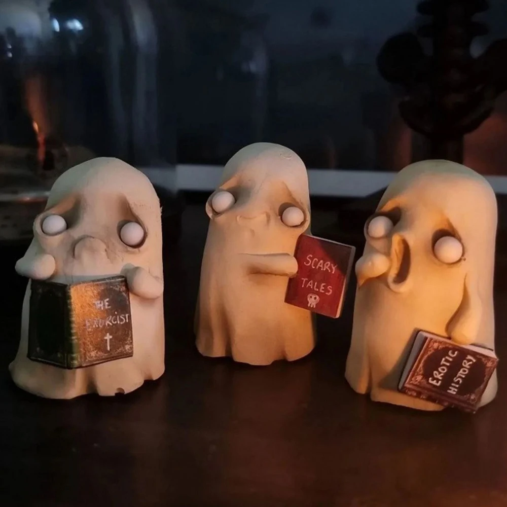 

Halloween Horror Ghost Reading Book Resin Ornaments Funny Cute Little White Ghost Accessories Halloween Party Desktop Supplies