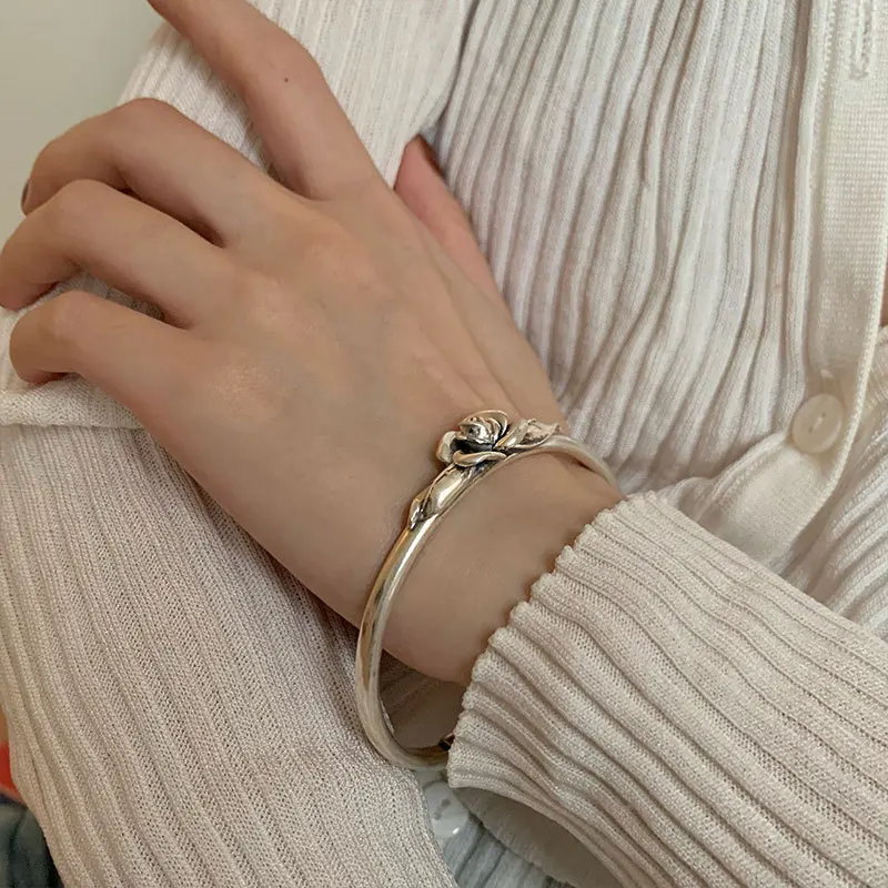 925 Sterling Silver Bracelet Bangle Vintage Rose Flower Geometric Punk For Woman Girl Fashion Jewelry Gift Dropship Wholesale