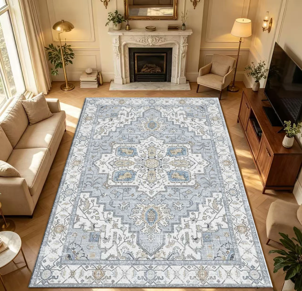Square Light Blue Cream Vintage Medallion Square Area Rug Non-Slip Washable Square Carpet For Living Room Bedroom Home Decor