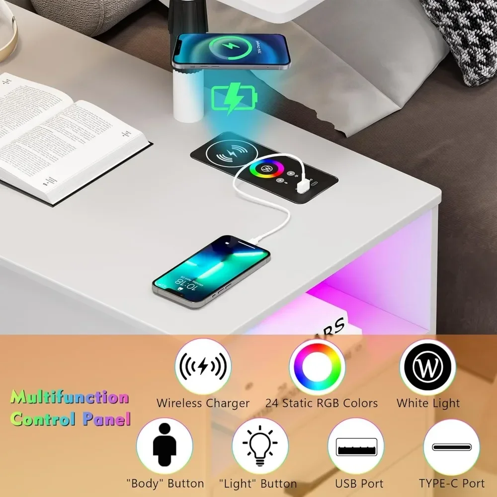 360° LED Nightstand with Wireless Charging Station Movable Adjustable Bedside Table with Laptop Tray