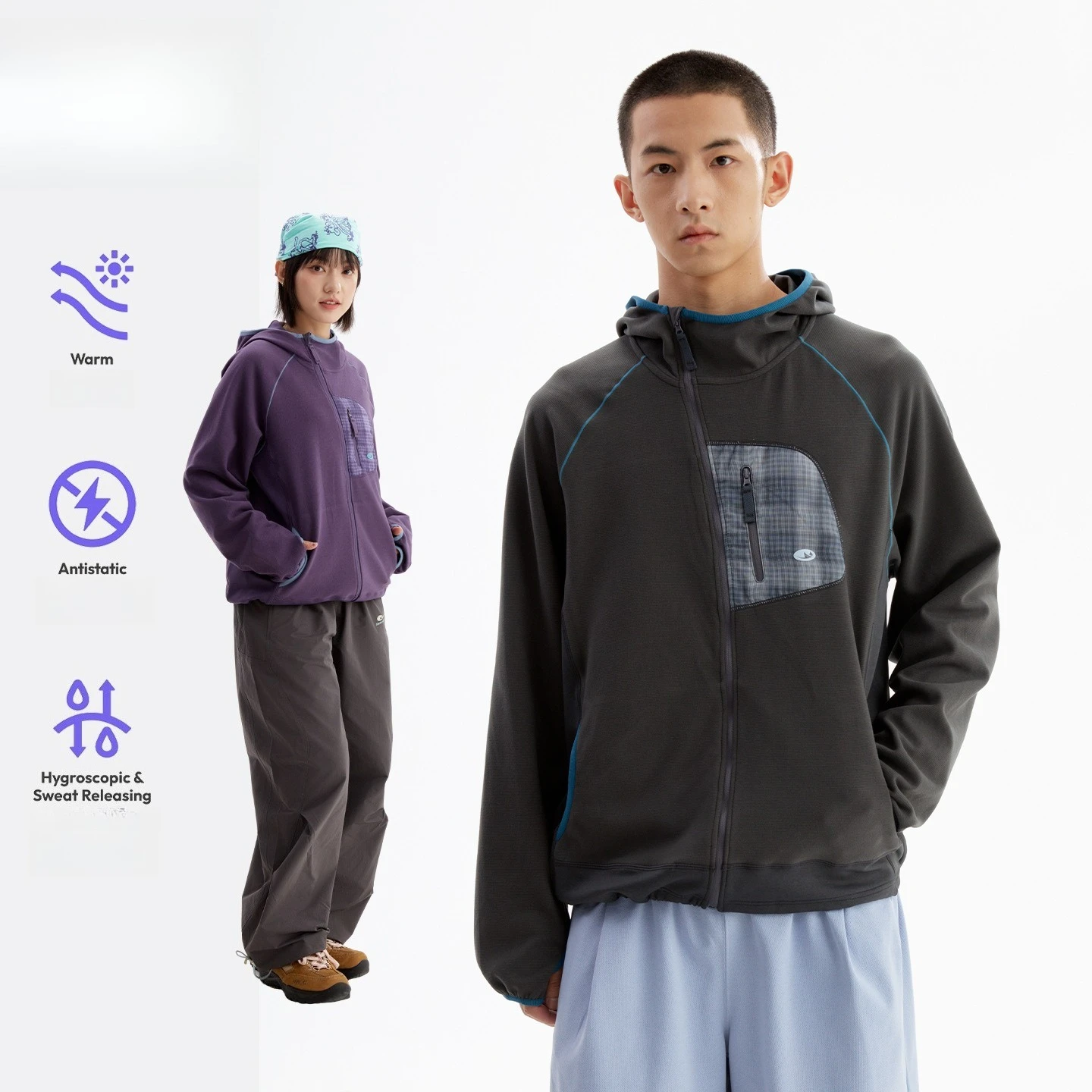 Unisex 7-in-1 Tech Hooded Jacket – Thermal & Anti-Static with Contrast Plaid Pocket & Thumbholes for Autumn Hiking & Commute