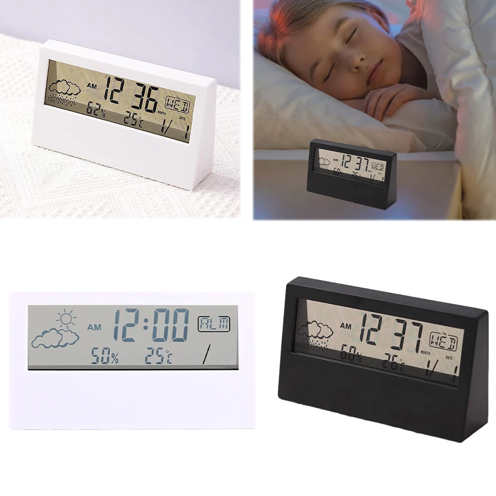 Thermo-Hygrometer Clock Weather Display LCD Digital Desktop Alarm Clock Battery Operated Desk Alarm Clock for Home/Office