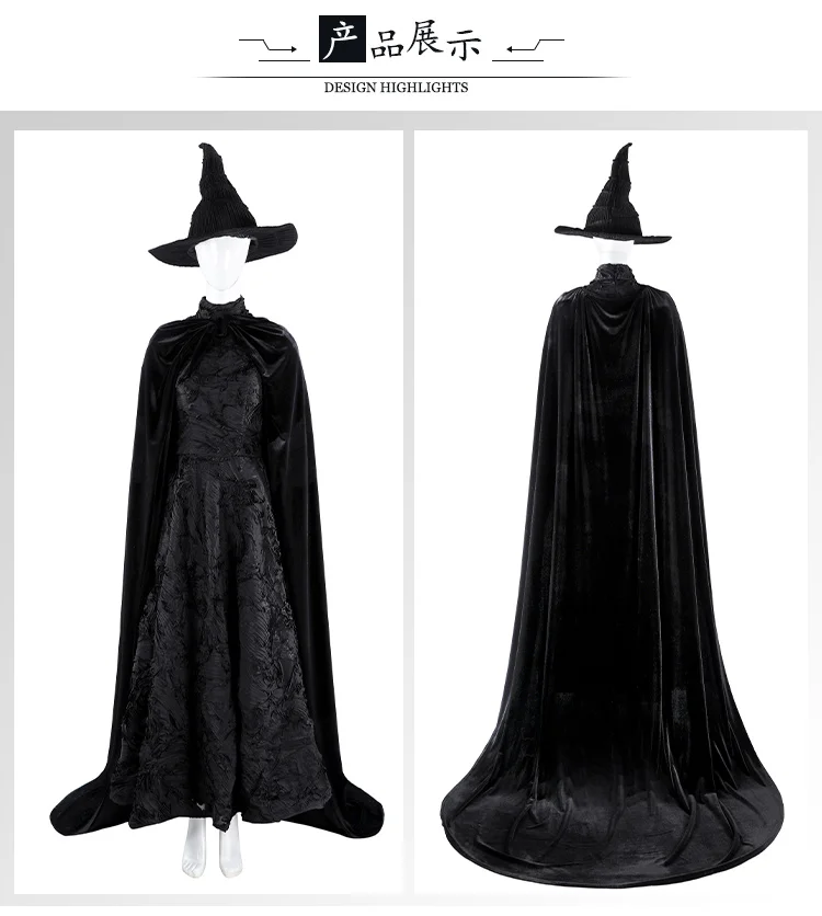 فستان Elphaba التأثيري باللون الأسود الخيالي بأكمام منتفخة مع كيب طويل وقبعة مجموعة زي Elphaba الشريرة للنساء البالغات