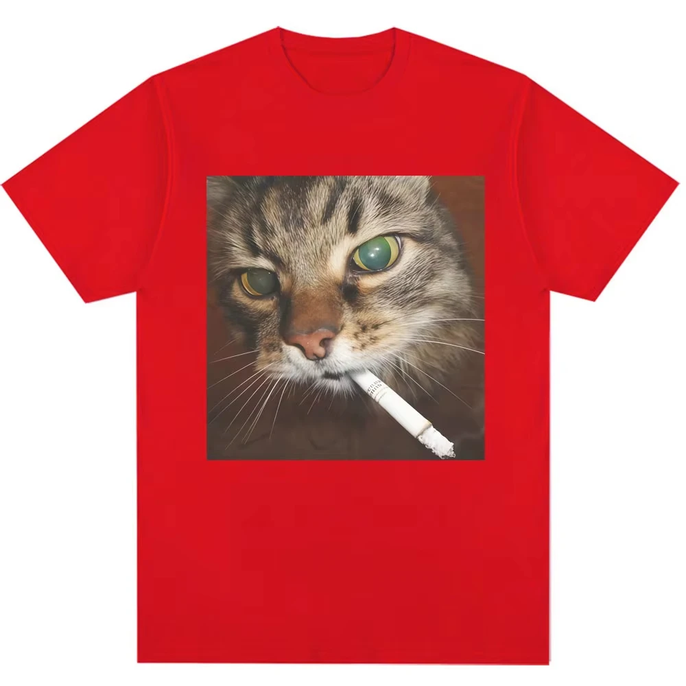 Moda masculina vintage camisetas engraçado fumar cigarro gato meme gráfico camiseta solta puro algodão casual t camisa streetwear