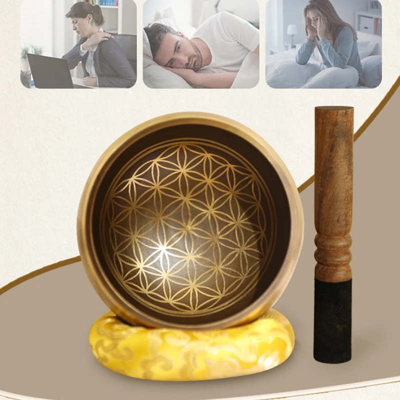 

Металлическая Поющая чаша с колокольчиком, набор с подушкой в виде молотка, чаша с цветочным узором жизни, тибетская поющая чаша, буддийская Медитация