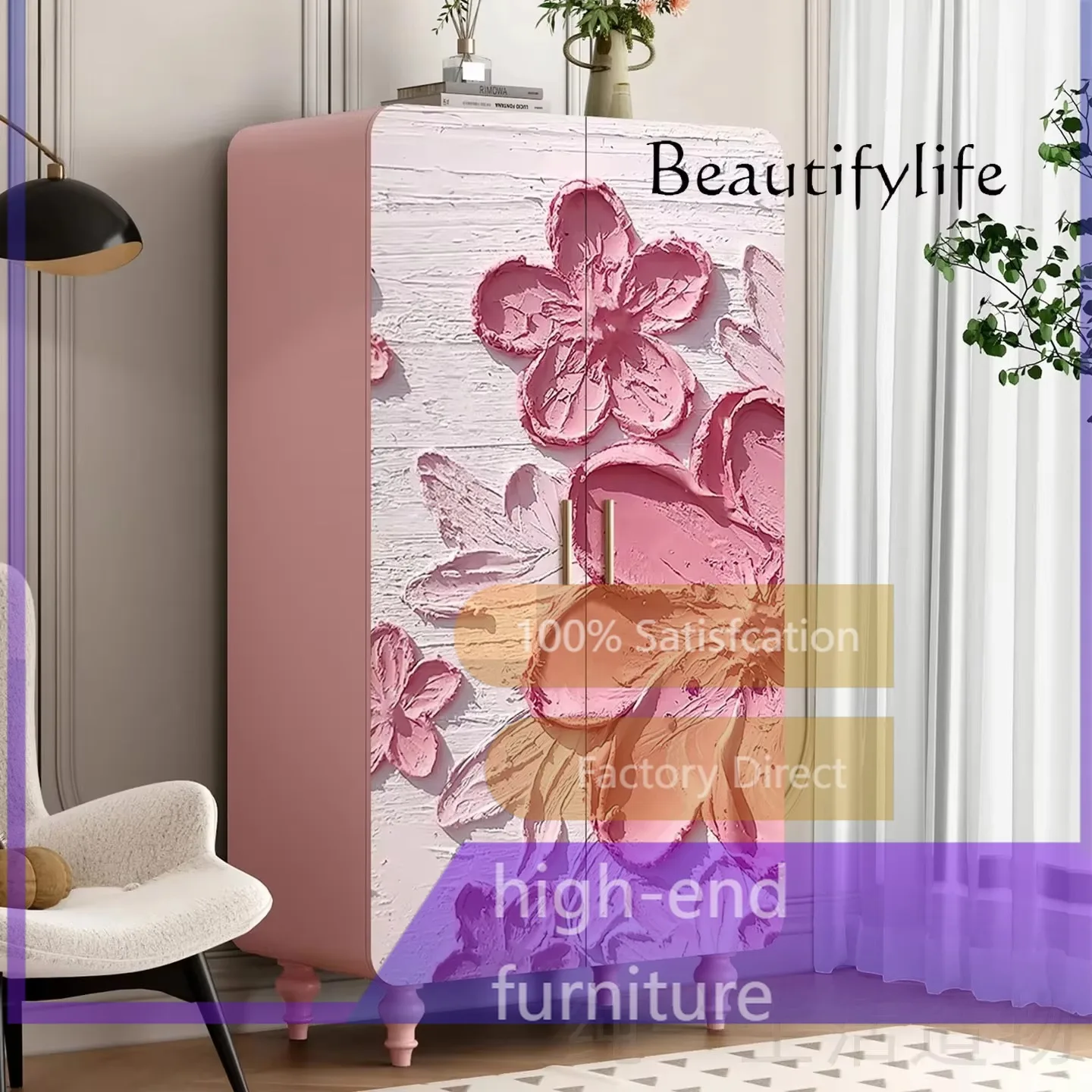 Lz-X40 Cream Wind, Flower Solid Wood Bedroom Wardrobe French Romantic Pink Hotel Bed And Breakfast Room Storage Cabinet