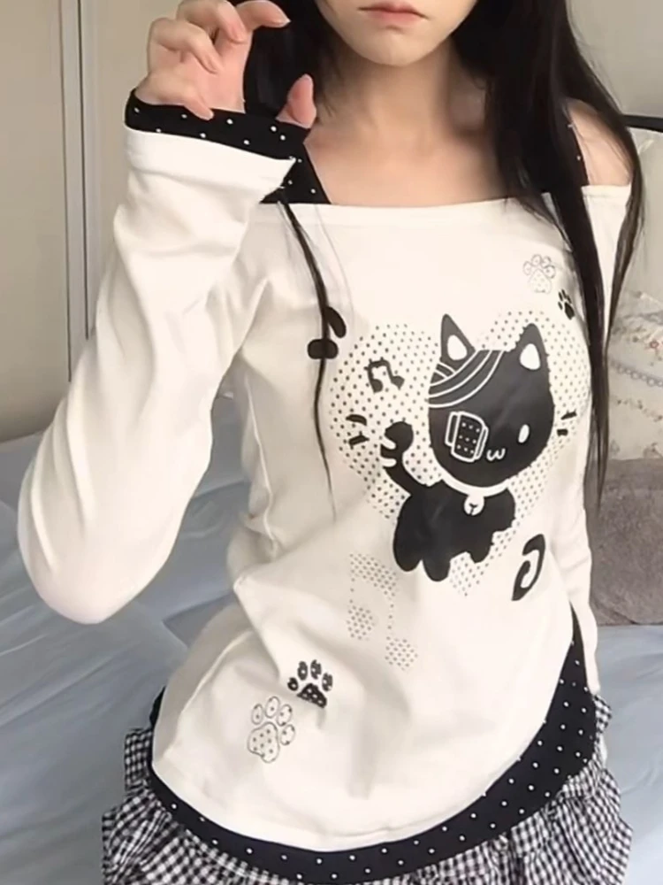 

HOUZHOU White Cat Juminocore Kawaii Women T-Shirts Polka Dot Off Shoulder Long Sleeve Japanese Style Tees Slim Fake Two Piece