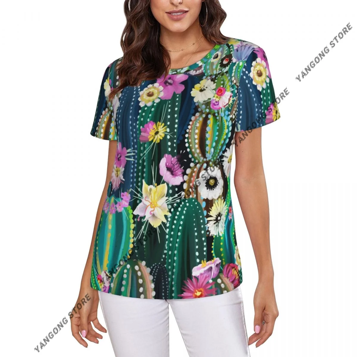 Women's T-shirt ladies casual Blooming Cactus Cacti Succulents Abstract female T-shirt short-sleeved T-shirt summer thin tops