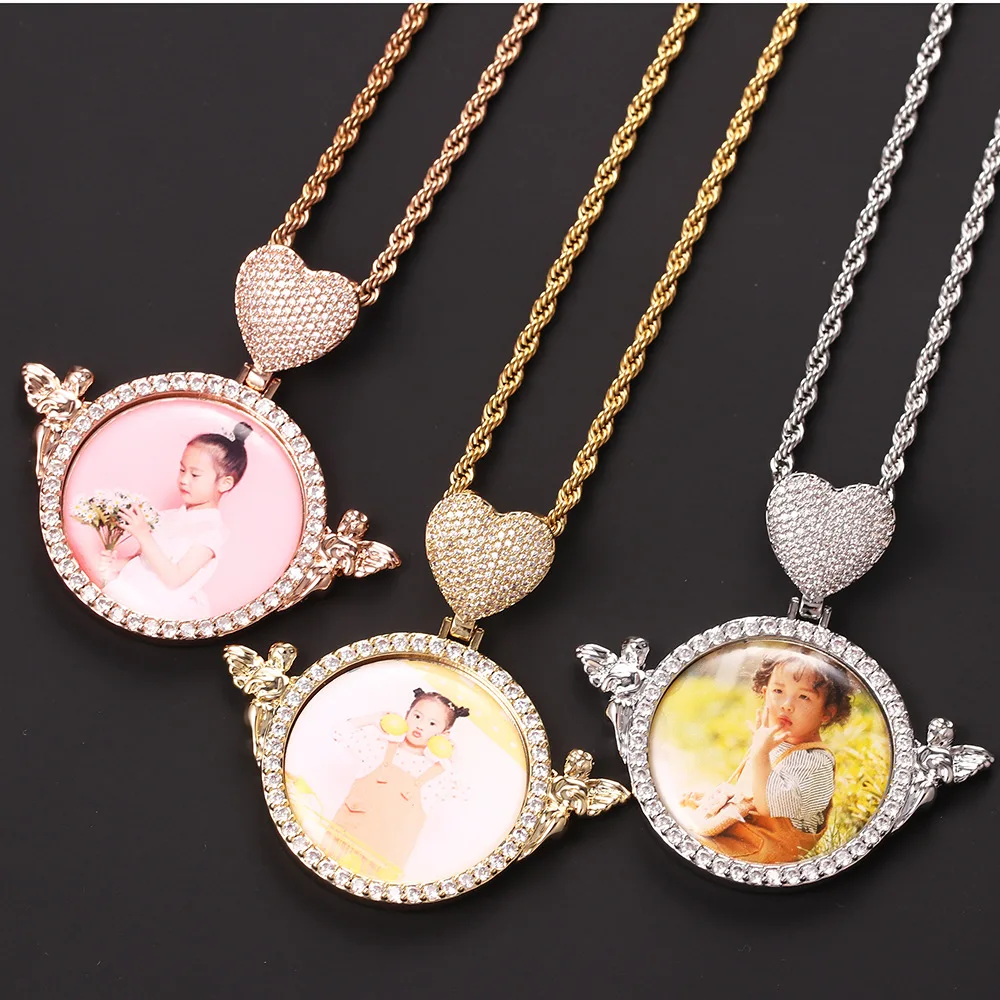 

2pcs/ Bag Customized Love Hook Photo Memory Circular Pendant with Angel Picture Frame on Both Sides Sublimation Necklace