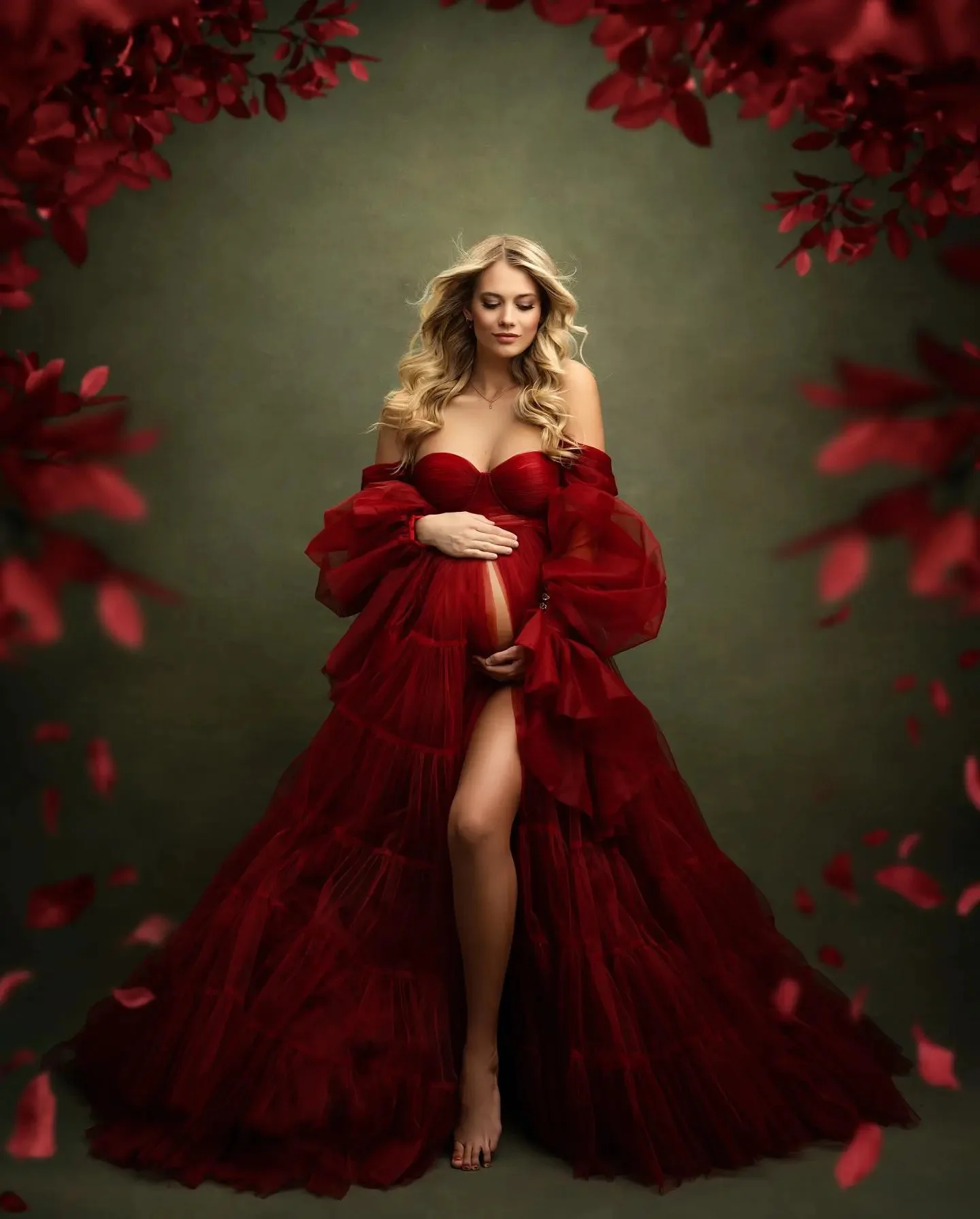 Vestido de graduación de tul con abertura en forma de corazón, ropa de dormir para embarazadas, albornoz esponjoso con foto, vestidos de fiesta escalonados, Burgundy Maternity