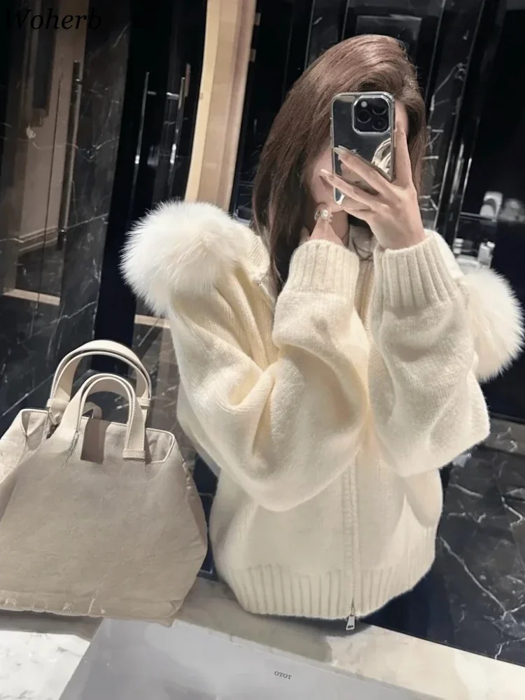 Sueter Mujer Fashion Patchwork Furry Hooded Cardigan Women Thick Jacket Casual Knitted Coat Y2k Double Zipper Sweater Ropa Mujer