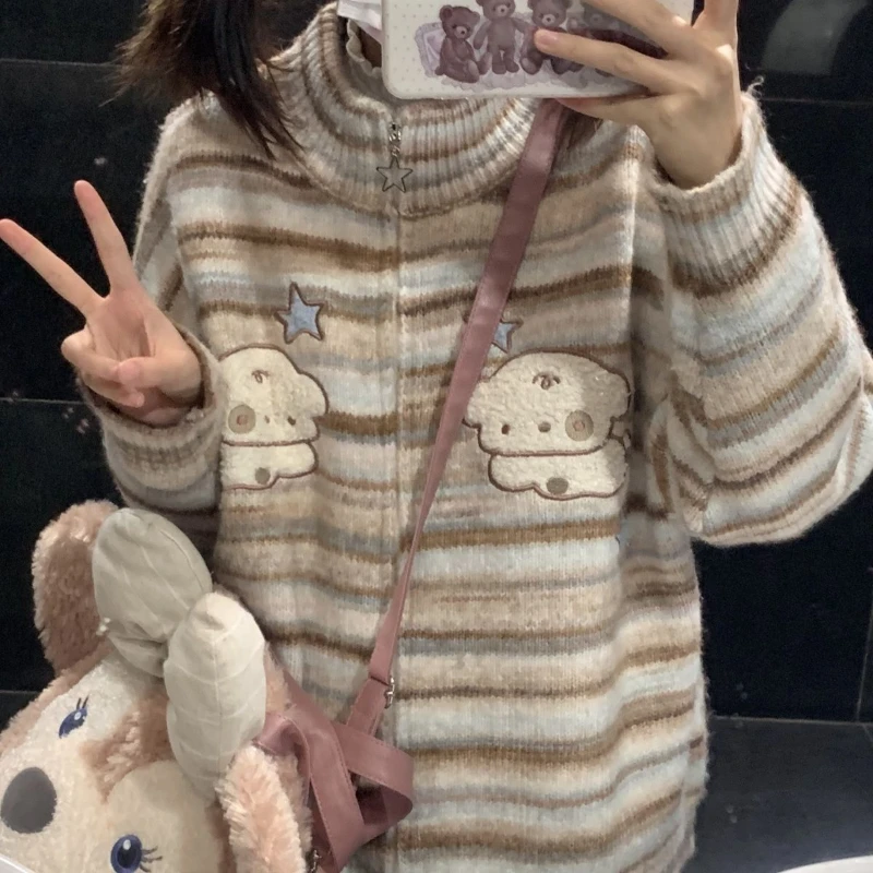 Deeptown Y2K Kawaii Striped Women Knit Cardigan Zipper Harajuku Japanese Sweater Vintage Dog Print Preppy Autumn Knitwear Sweet