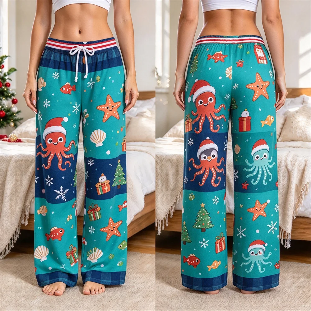 Ladies Funny Christmas Pattern Pajama Pants Cartoon Xmas Print Drawstring Loose Wide Legs Trousers Holiday Home Sleepwear Pants