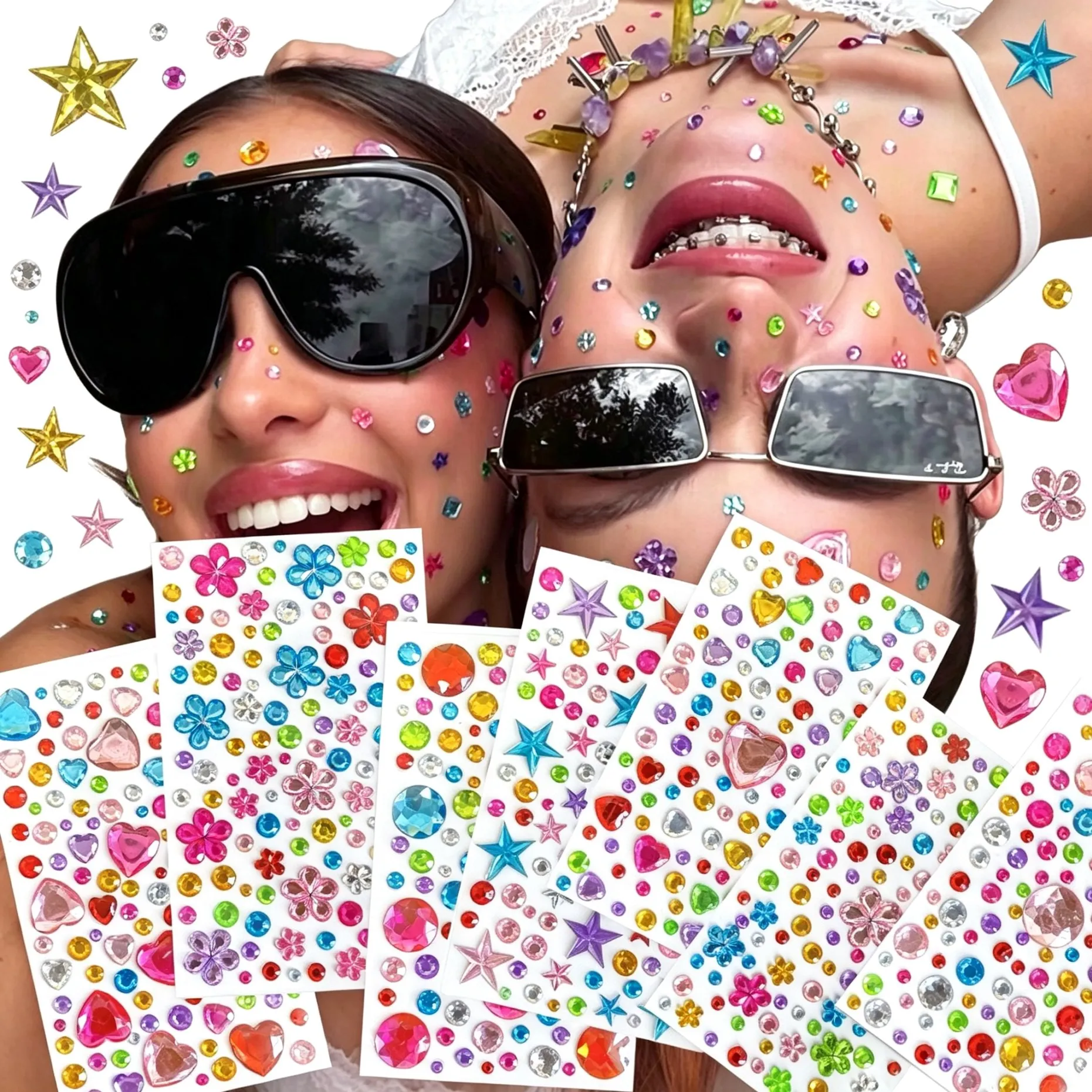 3D Big Bling Face Rhinestone Stickers Love Heart Star Floral Acrylic Gems Self Adhesive Face Body Jewels for Festival, Halloween