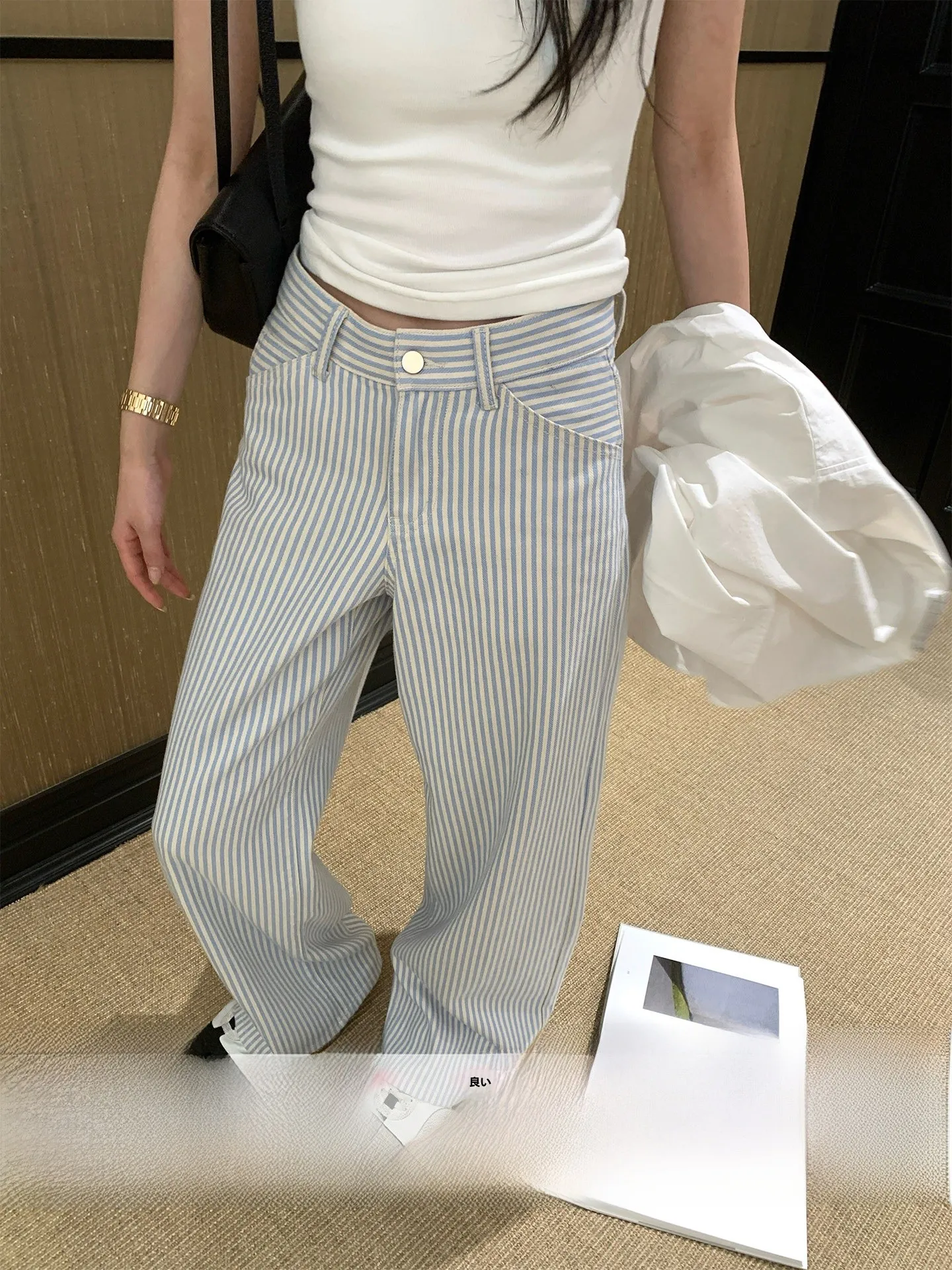 

Low Waist Straight Leg Jeans Stripe Slimming Leg Self-Keeping High End Coast Line Casual Style Women's Jeans