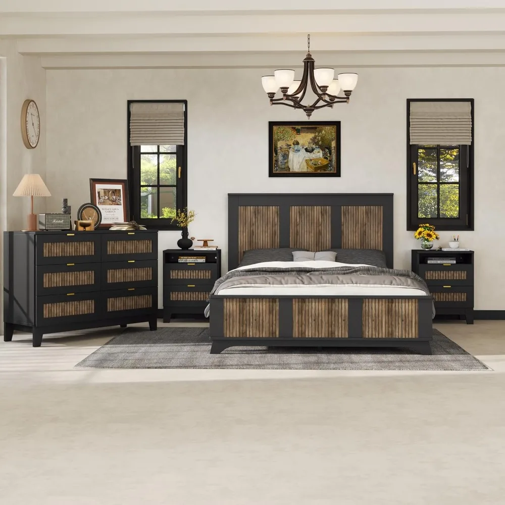 

Queen Size Bedroom Set: Wooden Platform Bed with Decorative Strips, 2 Nightstands, and Dresser