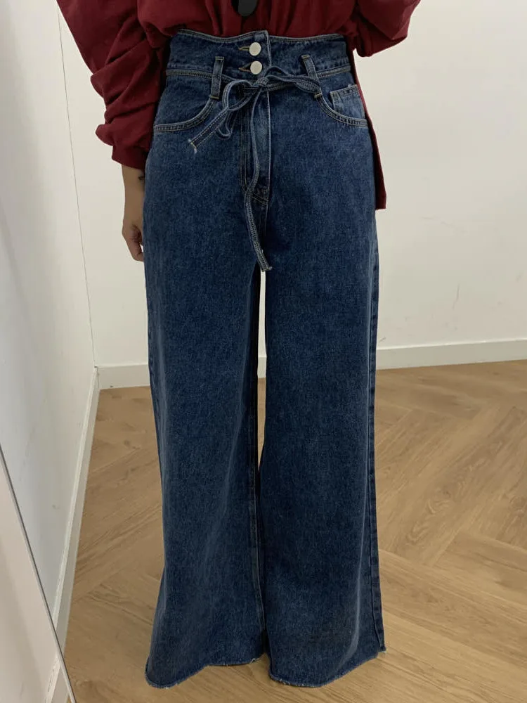 High Waist Slimming Side Pleated Chic Autumn New Vintage Denim Jeans Long Trousers Women's Fashion Korean Style with Frayed Hem