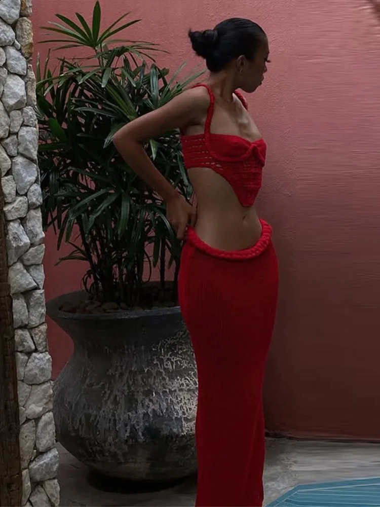 Y2k Sexy Knitted Sling Top Long Skirt Sets Women Crop Tank Tops Backless Hollow Out Skinny Maxi Skirt Beach Vacation Outfits New
