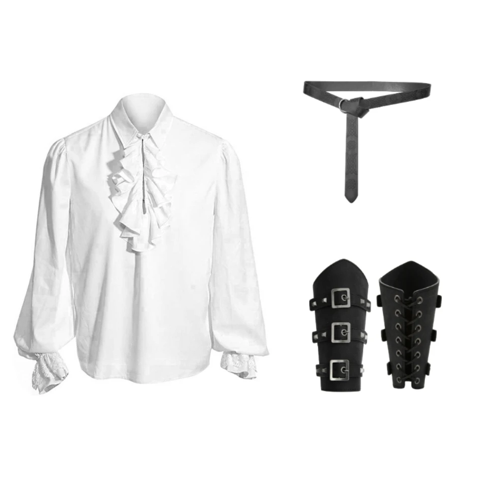 

Mens Pirate Shirt Ruffle Victorian Renaissance Steampunk Vampire Poet Shirts Gothic Belt Wristband Pocket Medieval Costume Set