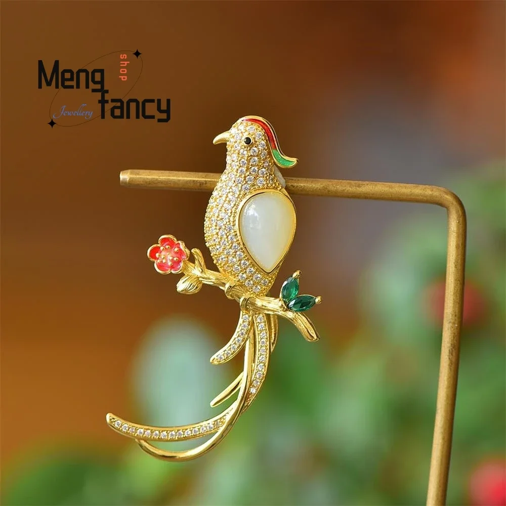 

Copper Inlay Hetian White Jade Magpie Brooch Chinese Retro Style Elegant Exquisite High-grade Sexy Young Girls Fashion Jewelry