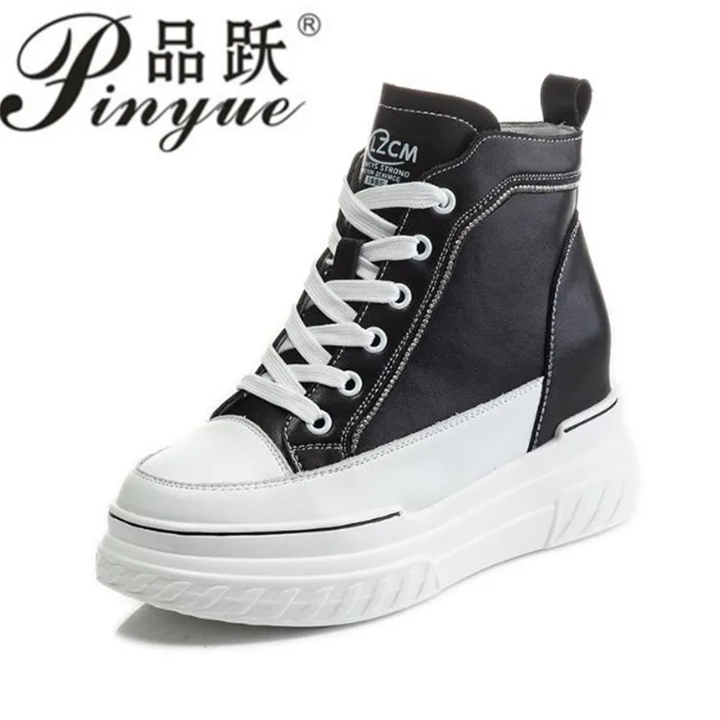 7.5cm Good quality new rhinestone leather inside high top shoes female wedges  recreational walk small white shoes