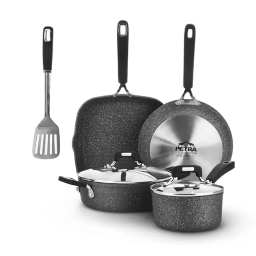 

New Petra Dark 7Pcs Cookware Set Nonstick Induction Ready Aluminum Cookware with Glass Lids for Stovetop Cooking Frying Pans an