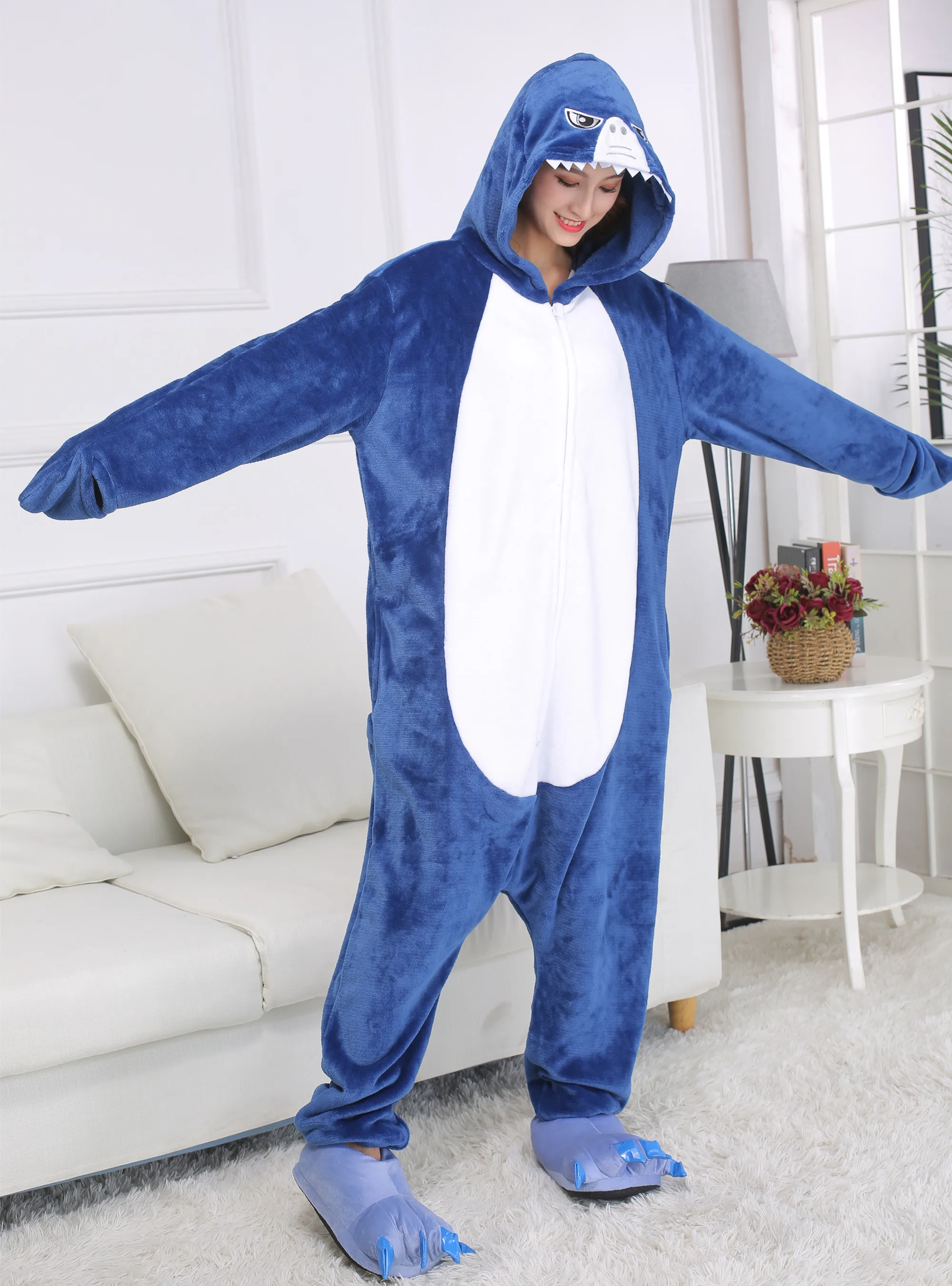 Blue Shark Onesie Zipper Closure Adults Kigurumi Animal Cosplay Costumes One piece Pyjamas For Halloween Carnival Party XXL