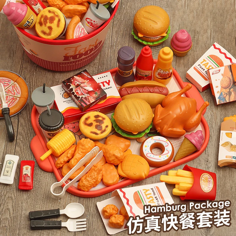 60PCS Simulation Breakfast Fast Food Set Kitchen Cooking Set Toys Creative Children's Role-playing Food Toys Pretend Play Toys