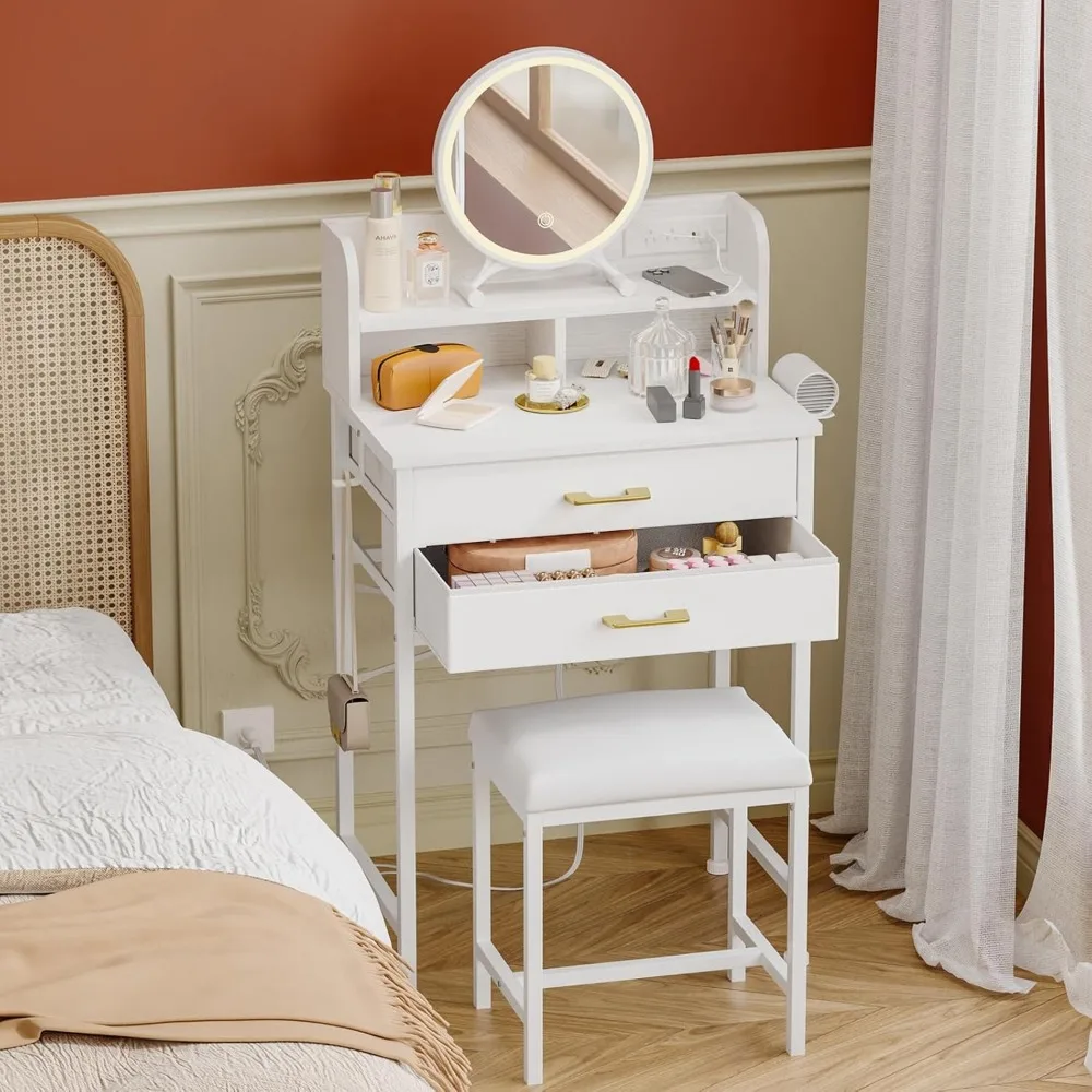 Fixwal White Small Vanity Desk Set with Lighted Mirror and Chair, Makeup Dresser with 2 Fabric Drawers, Power Outlet, Compact Ta