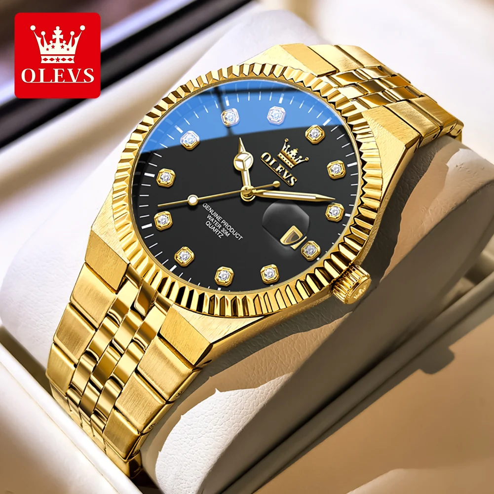 

Мужские часы OLEVS, водонепроницаемые, с указателем даты, золотистые, из нержавеющей стали, кварцевые, светящиеся, оригинальные наручные часы для мужчин
