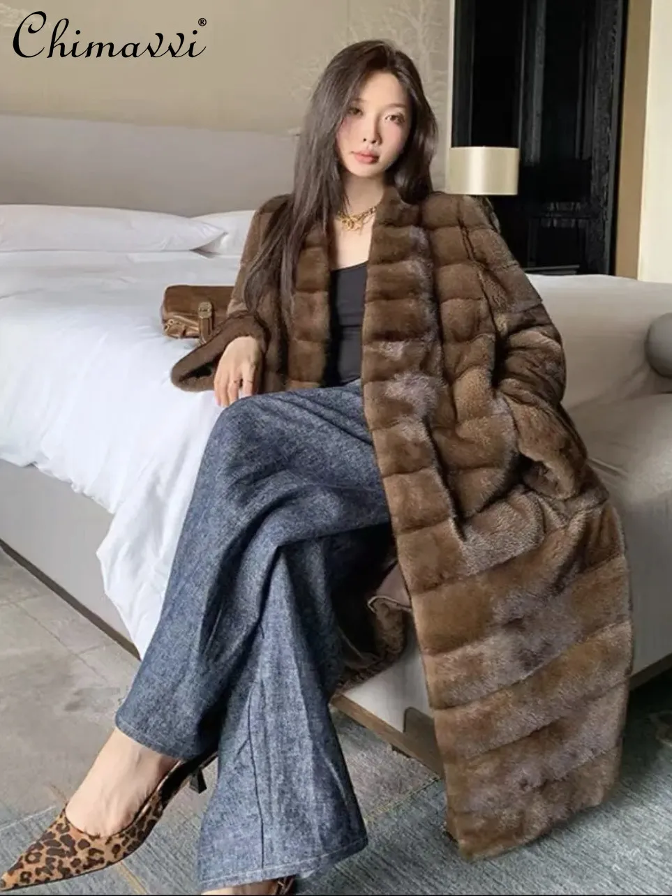 

Autumn Winter New High-end Fashion V-neck Long Faux Mink Fur Eco-friendly Fur Coat Elegant Women's Warm Luxury Fur Jackets