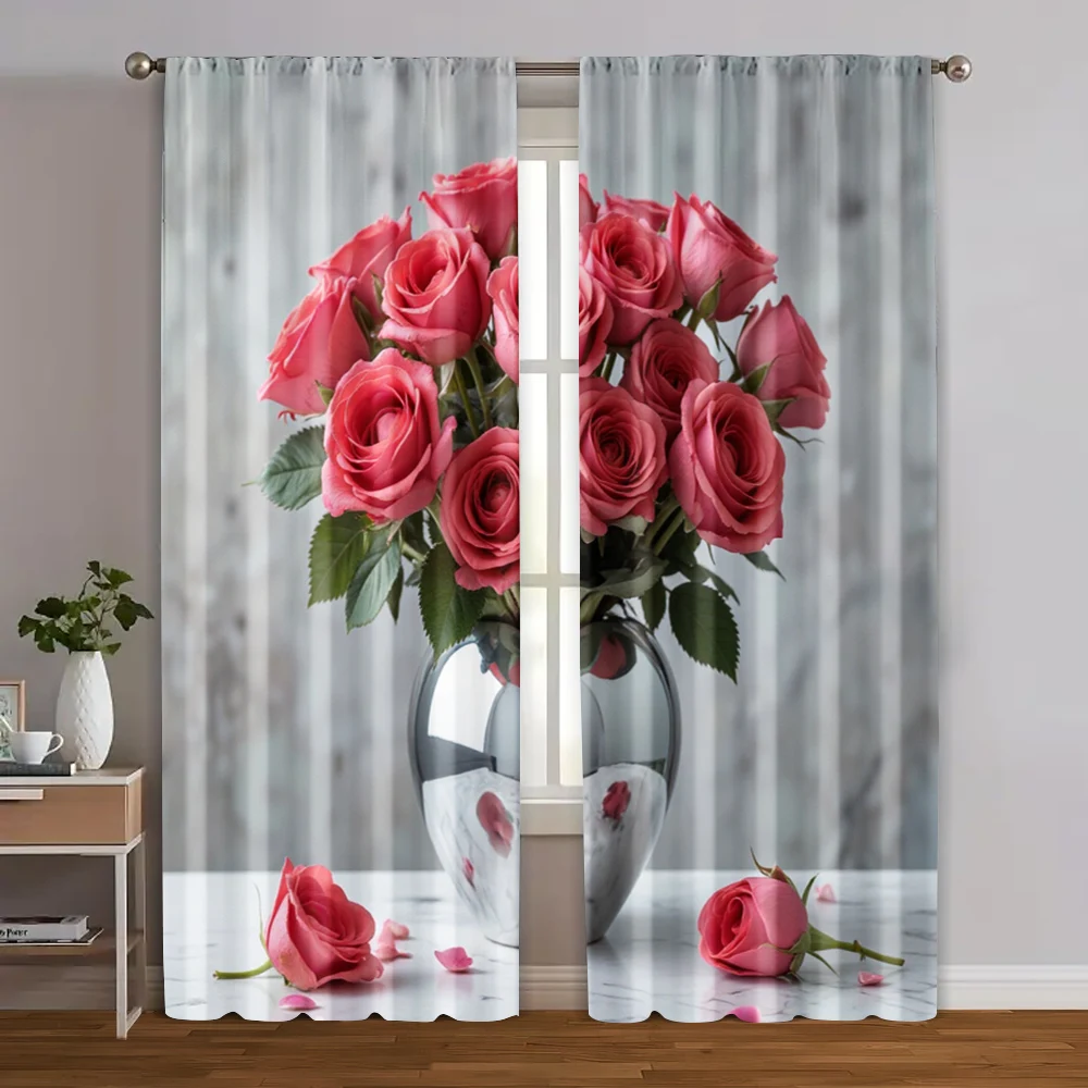 2pcs, Window Curtain Red Rose Durable Polyester (without rod) Decorations Outdoor Ldeal for Home Decor and Privacy