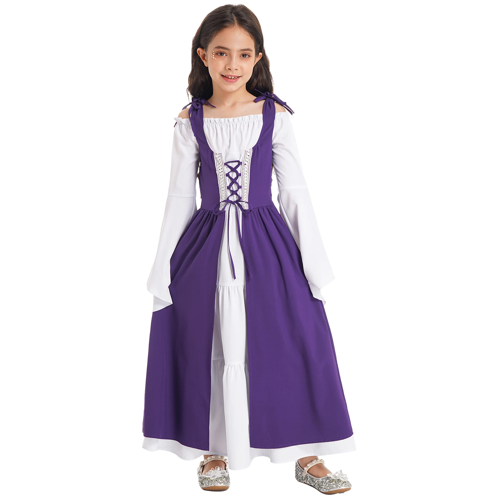 

Halloween Kids Girls Medieval Renaissance Style Dress Up Costumes Square Neck Long Flare Sleeve Adjustable Lace-up Gown Dress