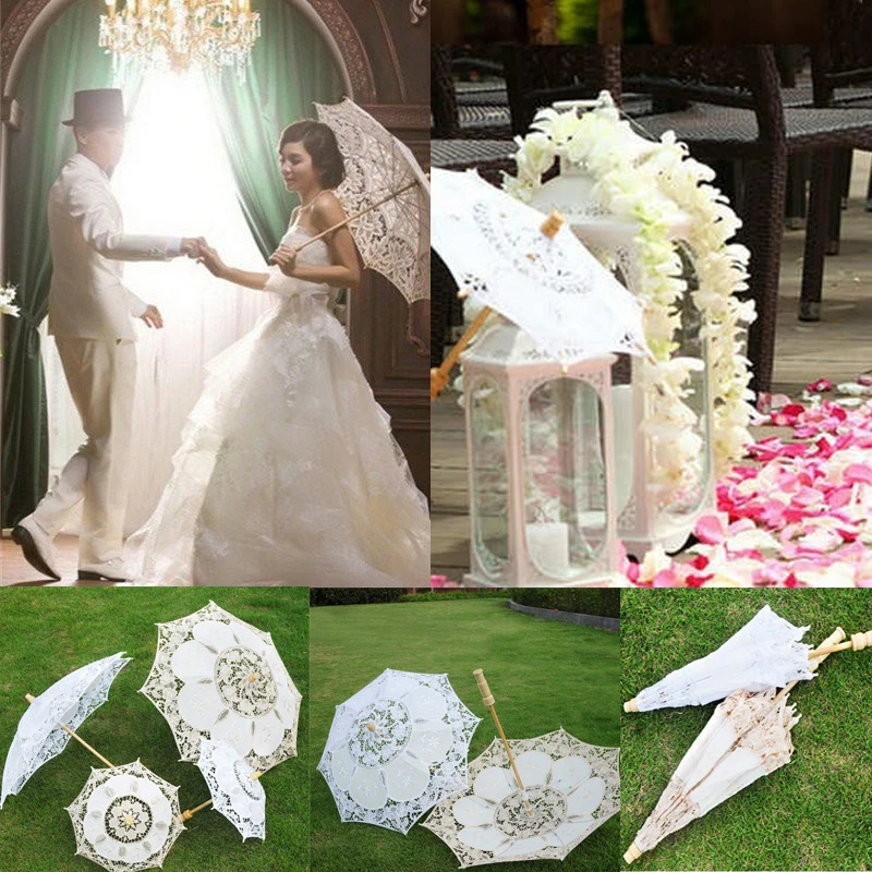 New Wedding Lace Umbrella Cotton Embroidery Bridal Umbrella White Beige Parasol Sun Umbrella For Wedding Decoration Photography