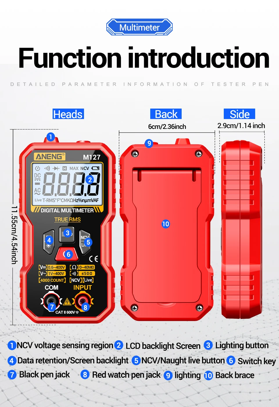 Tragbarer Mini-Multimeter-Tester ANENG M127 400 V AC/DC-Spannungswiderstand NCV-Erkennung 40 Mohm Ohmmeter Null-Feuer-Detektor-Werkzeuge – Detail 10