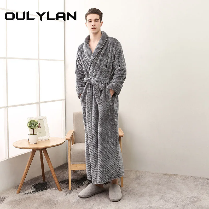 Soft Kimono Dressing Gown Solid Comfortable Sleepwear  Long Robe Flanne Pajamas Thick Large Bathrobe Extended White Pajamas