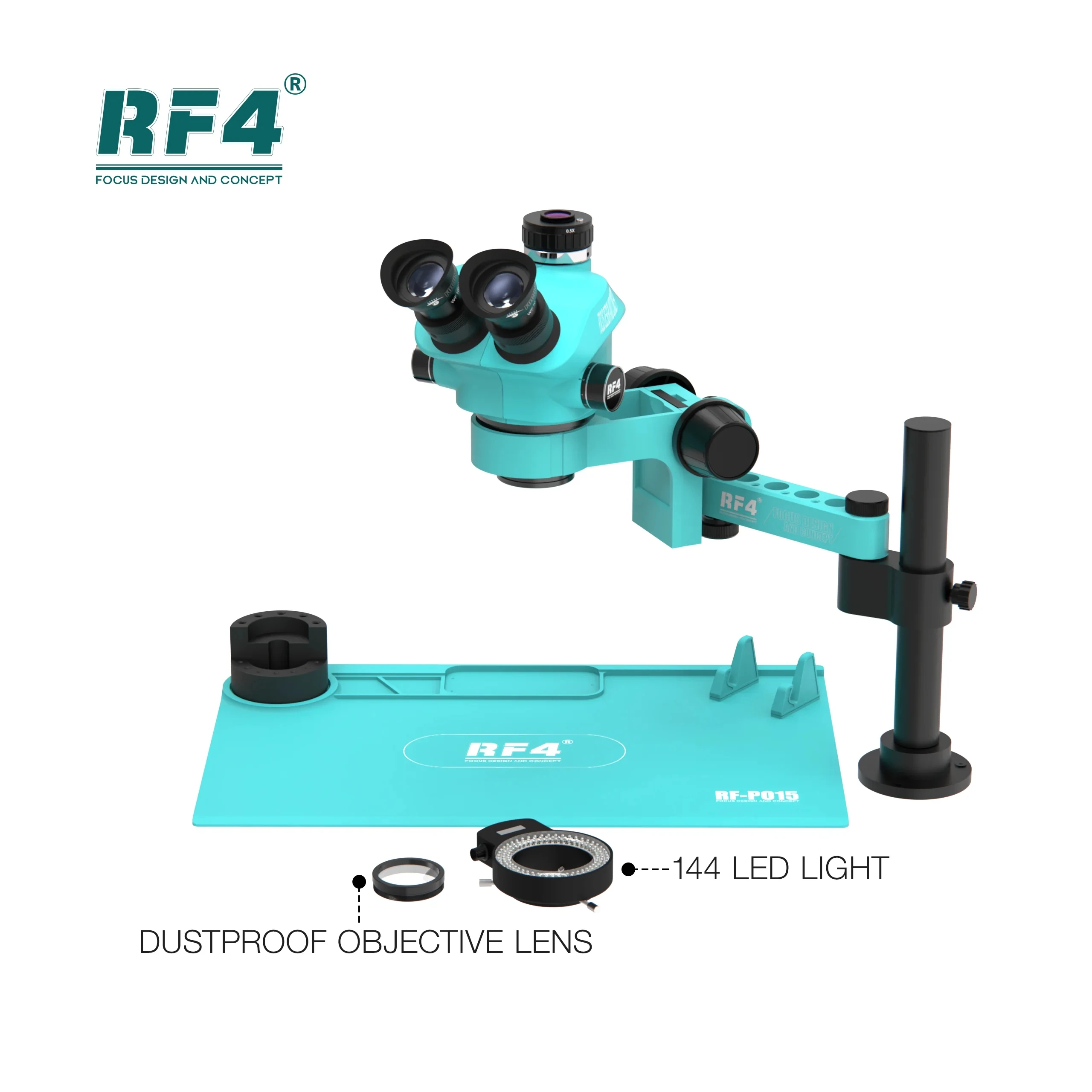 RF4 Simul Focal Rotation Articulating Arm Trinocular Stereo Microscope for Phone PCB Soldering Industrial Lab /Jewelry Appraisal