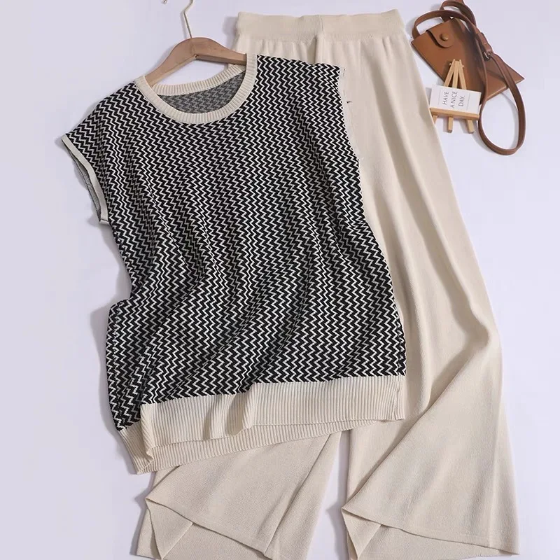 

Women New Loose Casual Knit Set O-neck Contrast Color Striped Sleeveless Tops and Solid High Waist Wide Leg Pants Summer Outfit