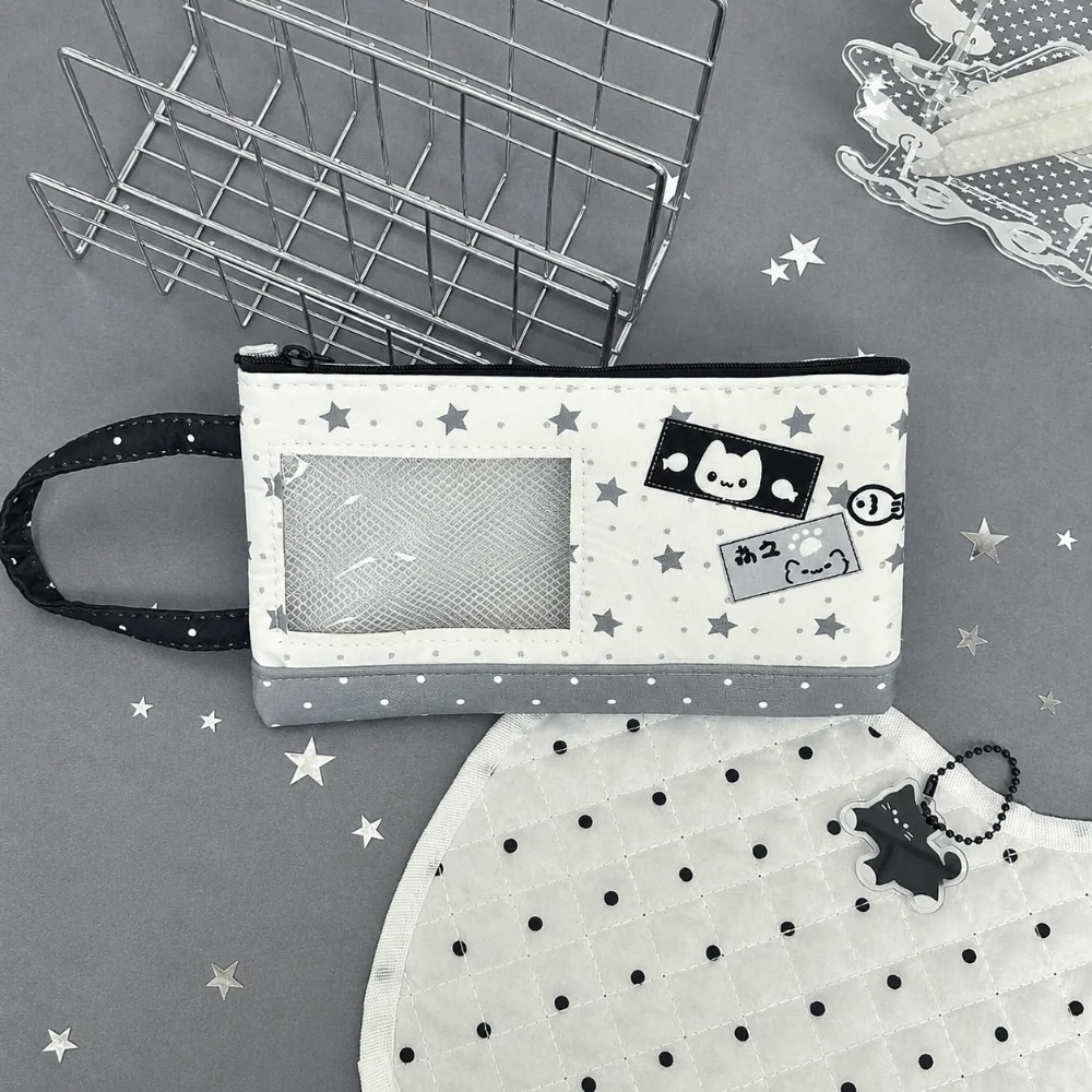 Durable Star Cat Print Pencil Case with Transparent Window Large Capacity Pen Bag Handheld Pencil Pouch Students