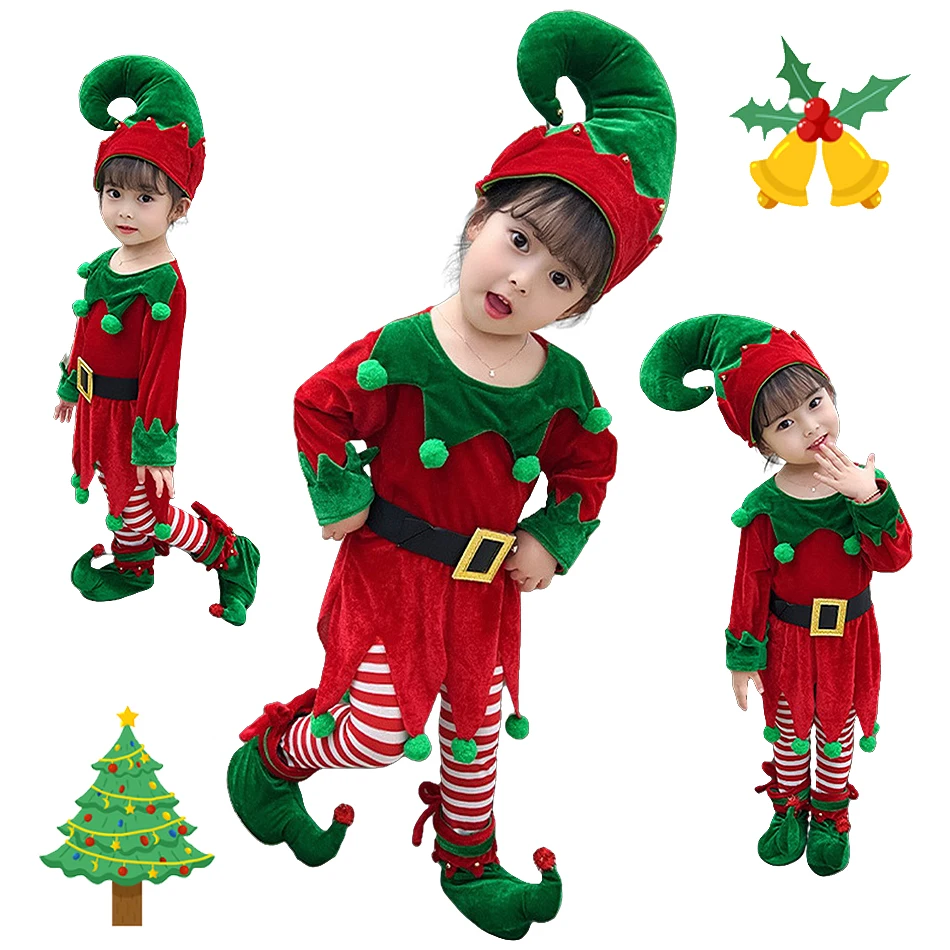 Girls Red Green Elves Christmas Theme Party Princess Dress Children Xmas Stage Performance Clothes Kids Event Festival Costumes