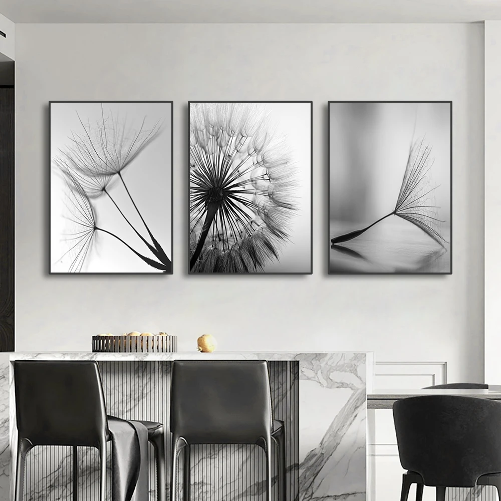 3PCS Black and White Wall Art Canvas Painting Dandelion Flower Pictures Poster and Prints Home Decorative Artworks for Kitchen