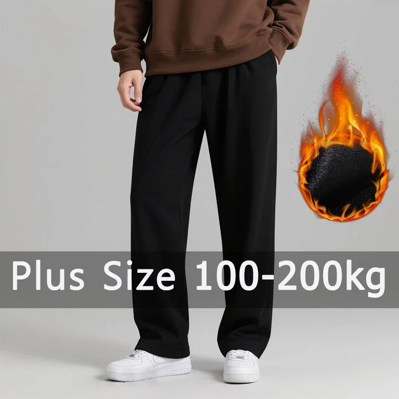 

Зимние мужские плюшевые брюки больших размеров, черные теплые хлопковые длинные брюки с флисовой подкладкой и принтом 5XL 6XL 7XL 100-200 кг, одежда больших размеров