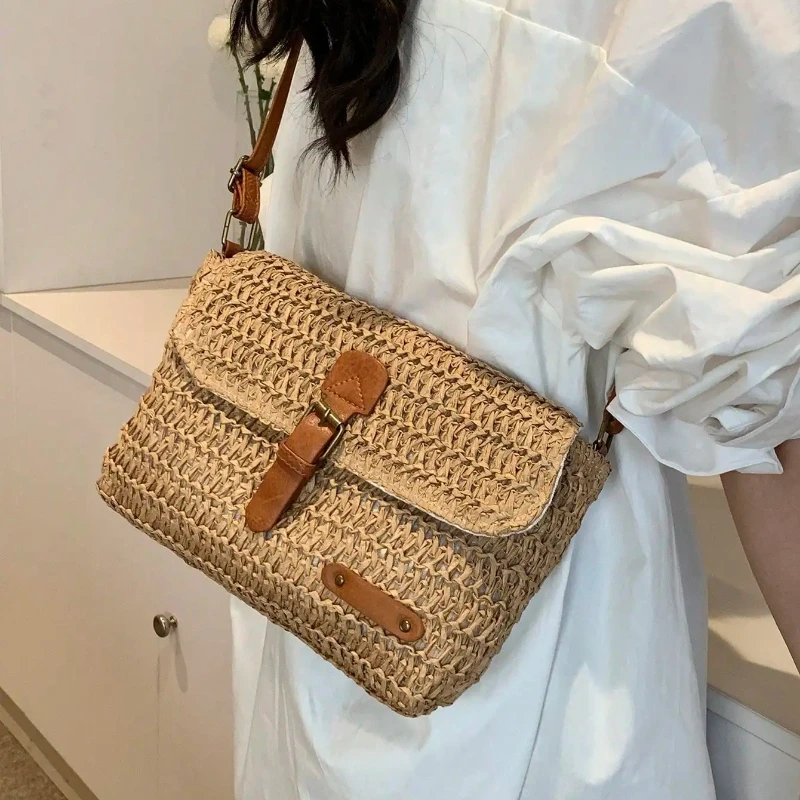 Neue Modische Stroh-Damenhandtasche, Trendige Urlaubs-Casual-Schulter-Umhängetasche, Vielseitige Stilvolle Stroh-Damenhandtasche