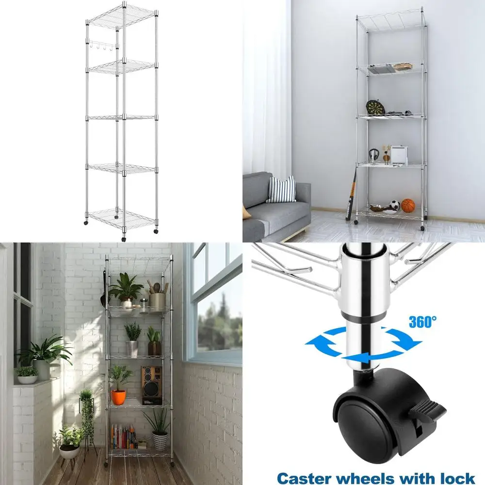

5-ярусный стеллаж из стальной проволоки на колесах, хромированная отделка, идеально подходит для кухни, гаража, гостиной, прочная конструкция, 23.2 дюйма (длина) x 13 дюймов (ширина)