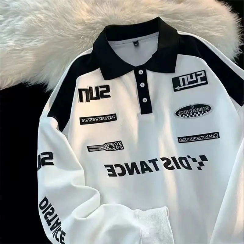 American retro  national fashion brand, black and white spliced lapel sweatshir niche high street racing suit jacket y2k ins emo