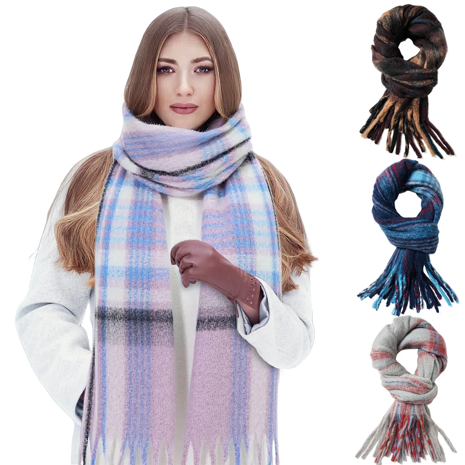 Thickened Warm Plaid Scarf Women's Tassel Large Scarf Autumn Winter New Style Green Colorful Circle Scarf