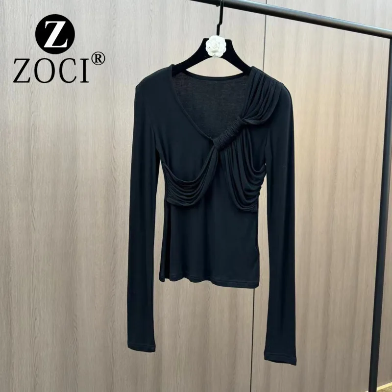 [ZOCI] Mm2024 New Round Neck Long Sleeved Twisted Splicing Fabric Design, Waist Cinching Designer Dark Style Shirt