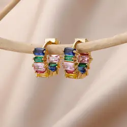 Rainbow Cibic Zircon Hoop Earrings For Women Gold Plated Stainless Steel Square Earring 2023 Luxury Aesthetic Jewelry aretes