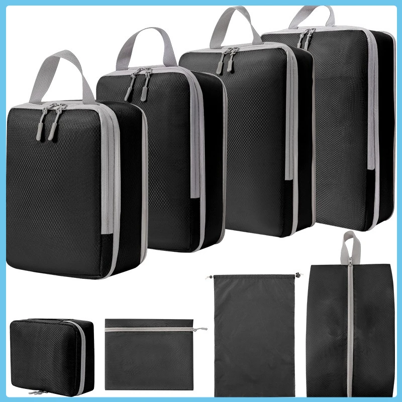 

8pcs Travel Packable Bag Zipper Compression Packing Cubes Luggage Container Foldable Suitcase 2 Way Portable Zipper Organizer